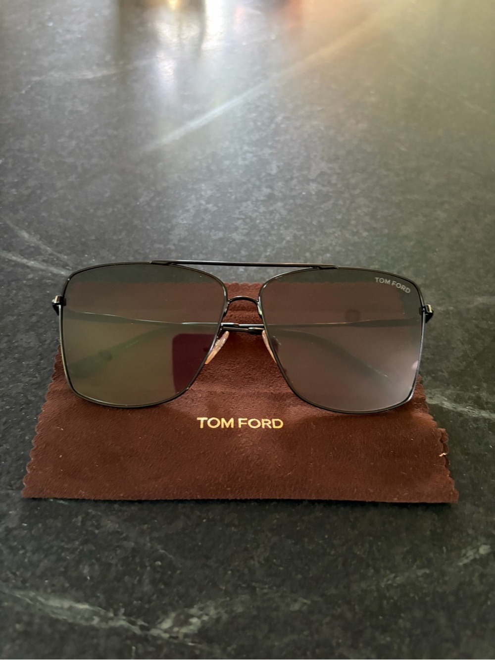 Tom Ford Black Metal Aviator Sunglasses with Gradient Brown Lenses